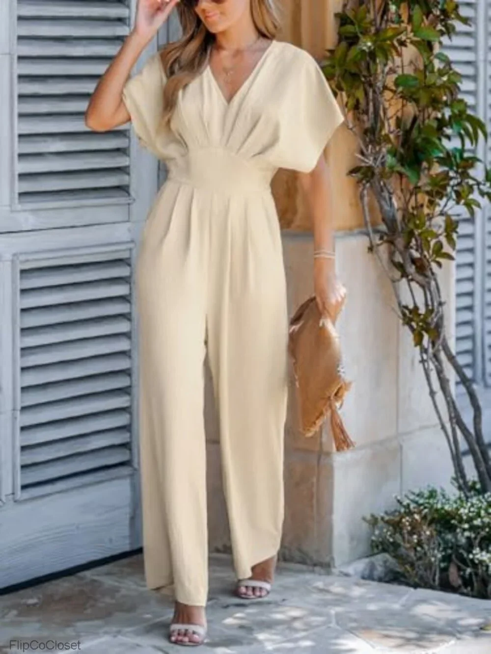 Women's Wide Leg Jumpsuit with Batwing Sleeve V-Neck Summer Vacation Wear